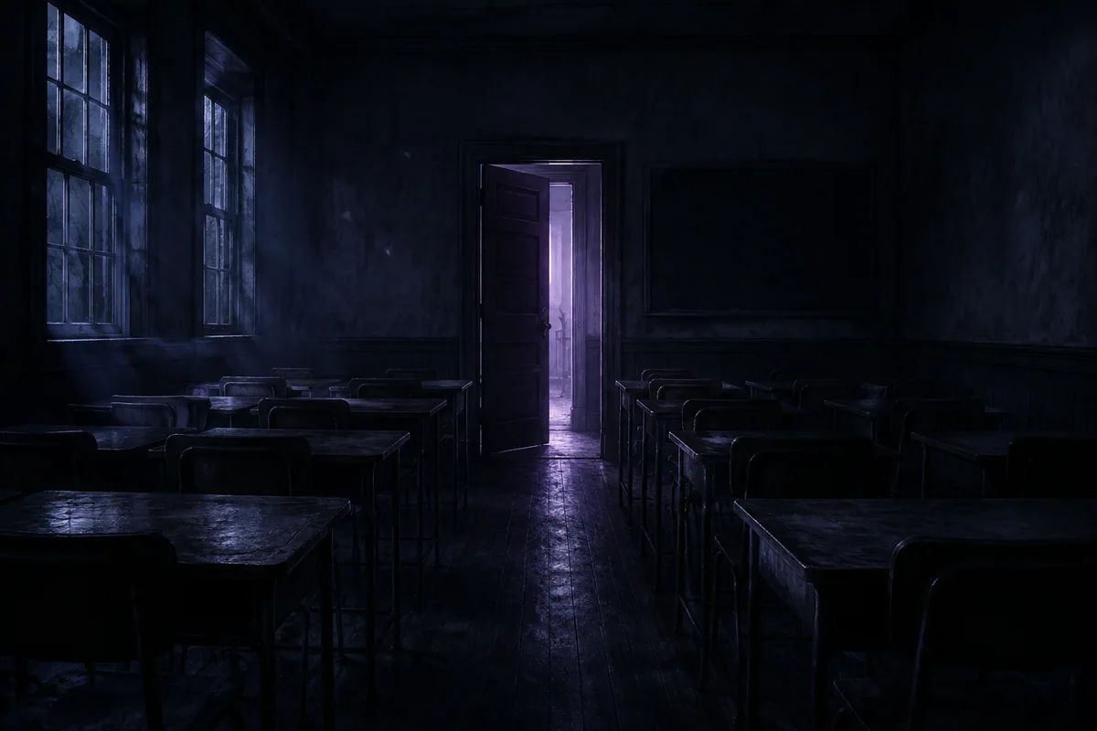An empty classroom opens onto a violet-lit doorway at night.