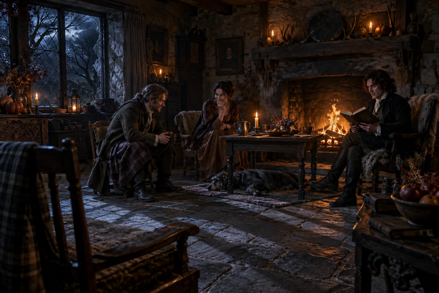 Adults listen to a poetry reading in a shadowy Scottish cottage with an empty chair nearby.