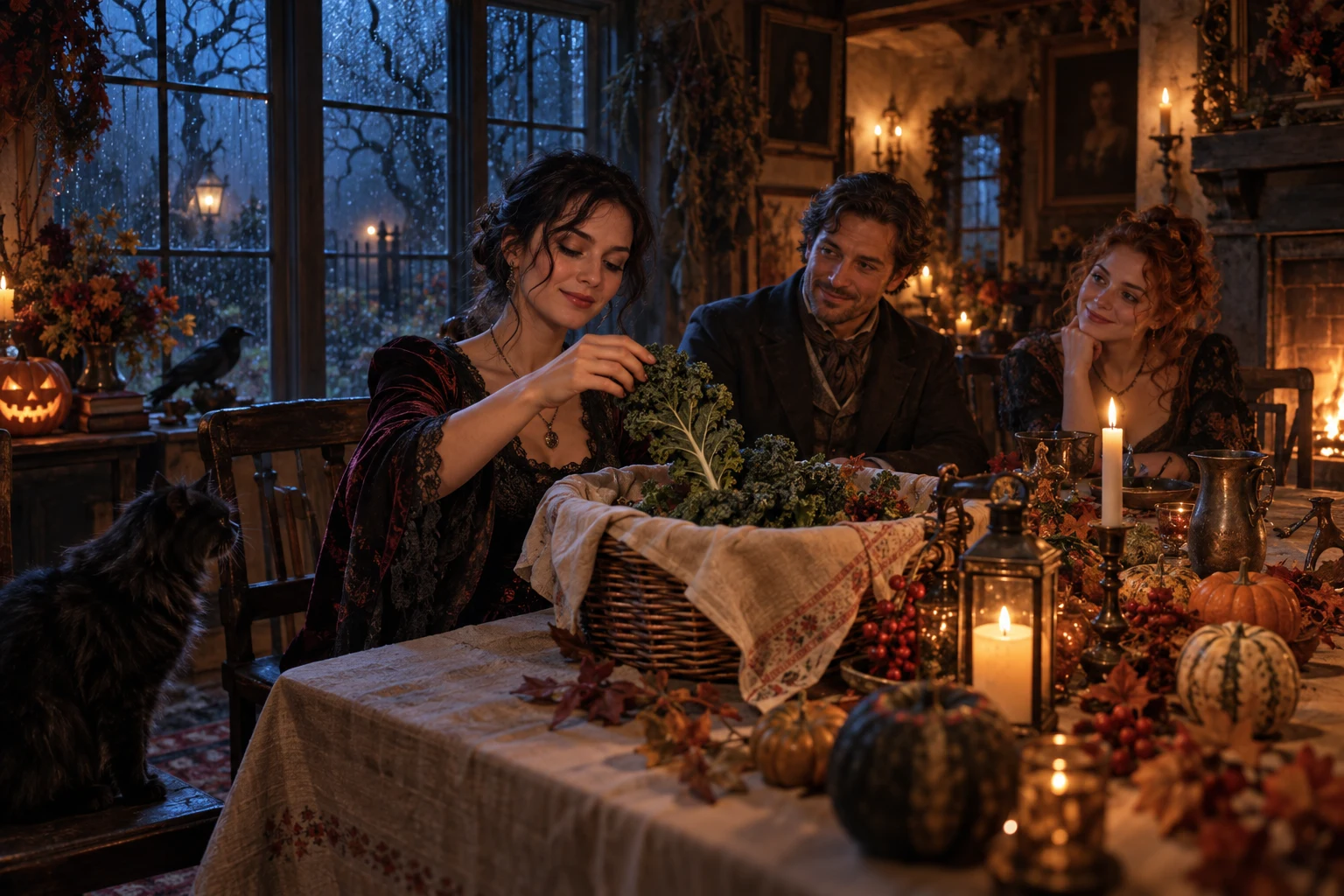 Friends anticipate a kail courtship game in a rain-darkened cottage.