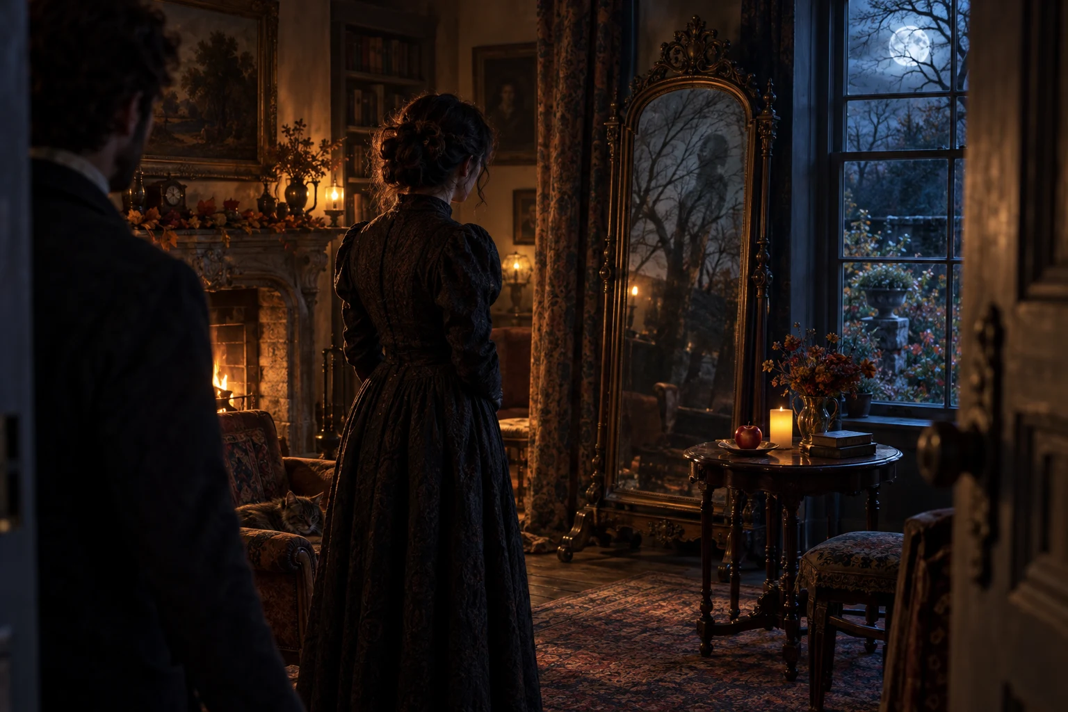 A guest watches an antique mirror reflecting dark branches in a dim cottage room.