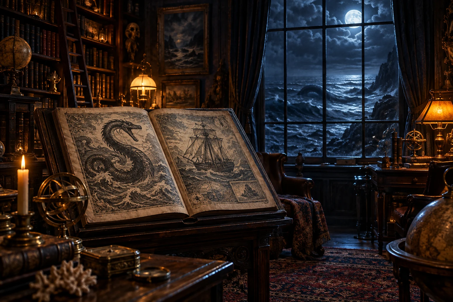 An imagined sea-monster folio lies in a dark library overlooking a moonlit sea.