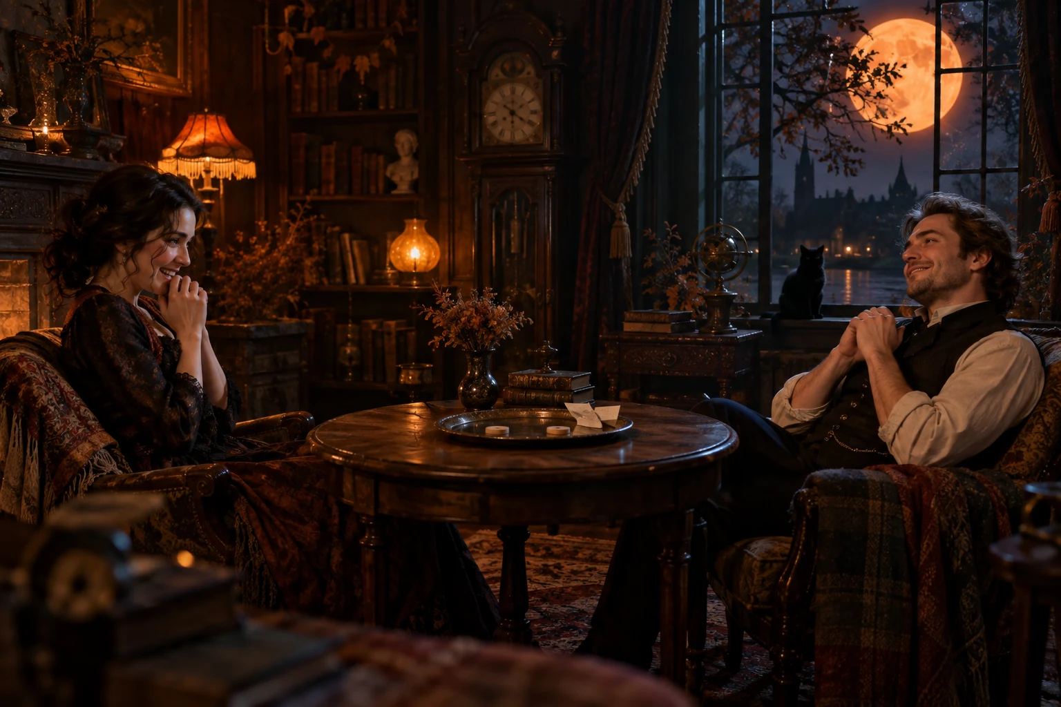 Two friends share a suspenseful counter game in a moonlit Halloween parlor.