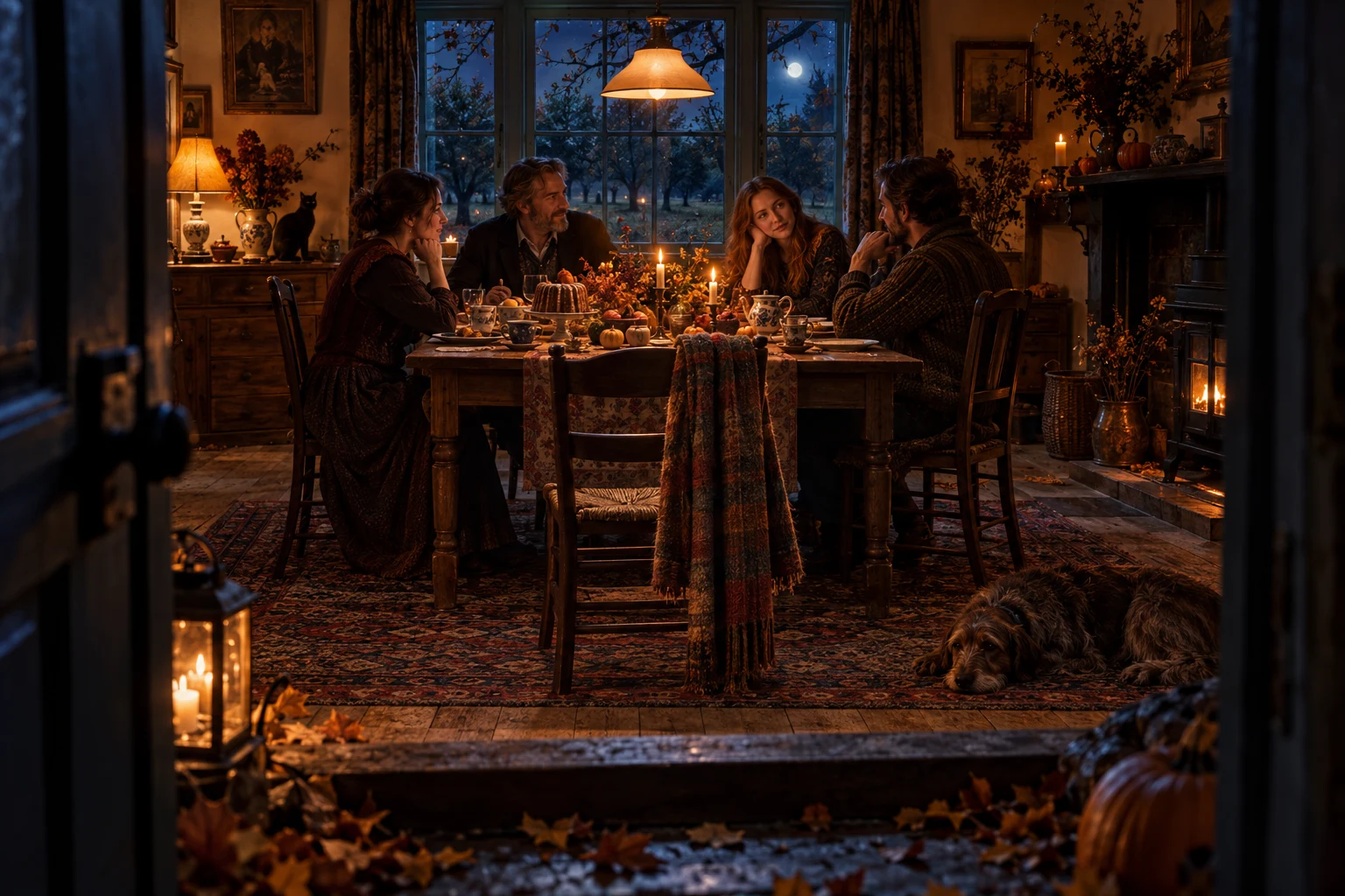 Friends remember absent loved ones around an autumn supper table with one empty chair.
