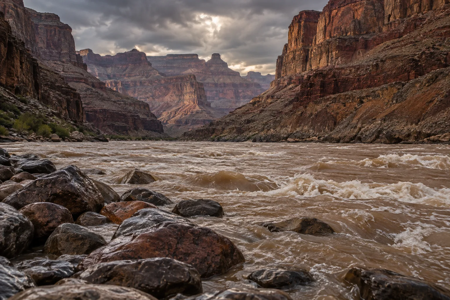 Conceptual Grand Canyon river landscape showing muddy whitewater between layered canyon walls.