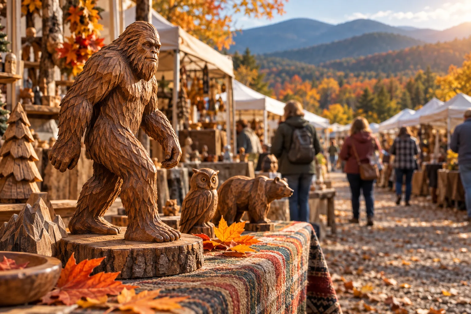 Conceptual illustration of wooden Bigfoot carvings at an autumn craft market with tents and mountain scenery.
