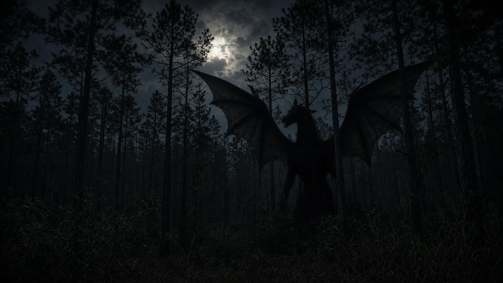 Conceptual illustration of a horse-headed winged creature among moonlit Pine Barrens trees, viewed from ground level.