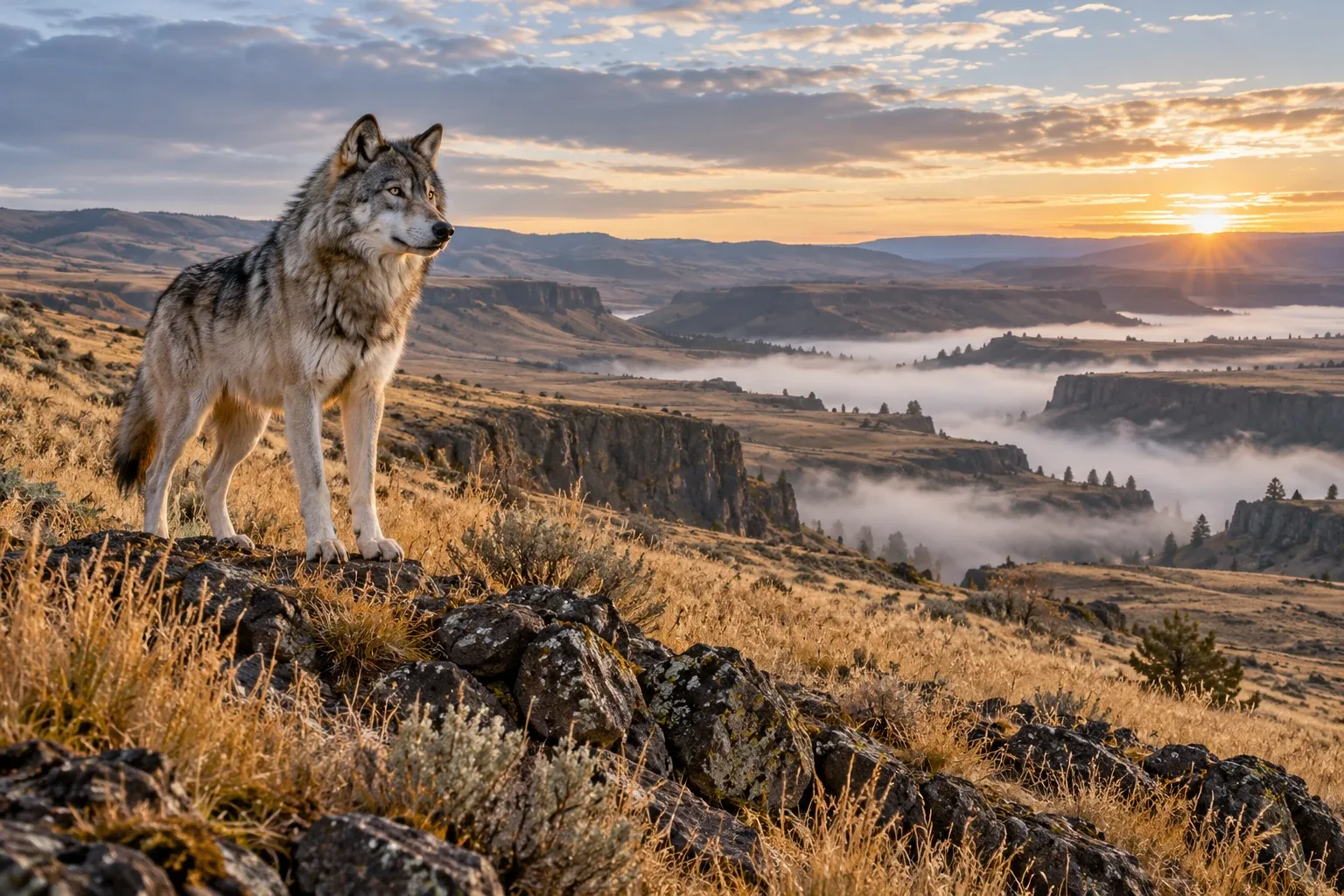 Wildlife illustration of a gray wolf on a basalt grassland ridge in southeast Washington.