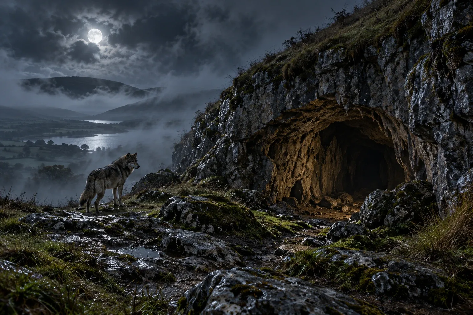 Folklore illustration of a wolf silhouette beside a misty Irish limestone cave entrance.